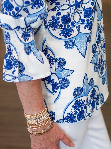 Blue & White Coastal Print Top by Boho Chic