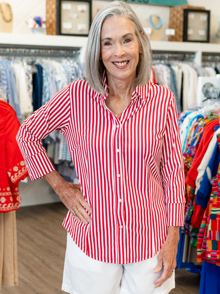 3/4 Sleeve Button Front Top Red Stripe by Lulu B