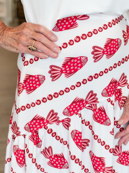 Fish Print Midi Skirt Red by Coastal Couture