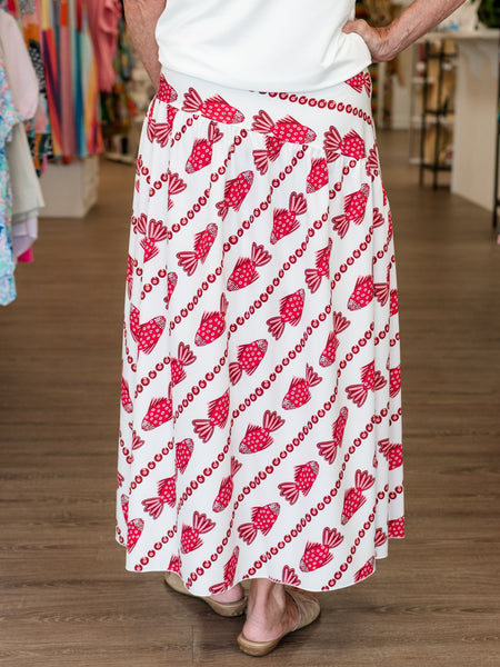 Fish Print Midi Skirt Red by Coastal Couture