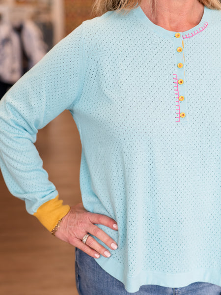 Lightweight Perforated Knit Henley Aqua by Zaket & Plover