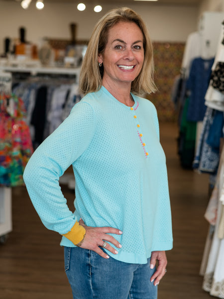 Lightweight Perforated Knit Henley Aqua by Zaket & Plover