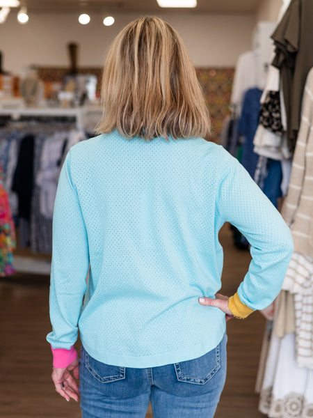 Lightweight Perforated Knit Henley Aqua by Zaket & Plover