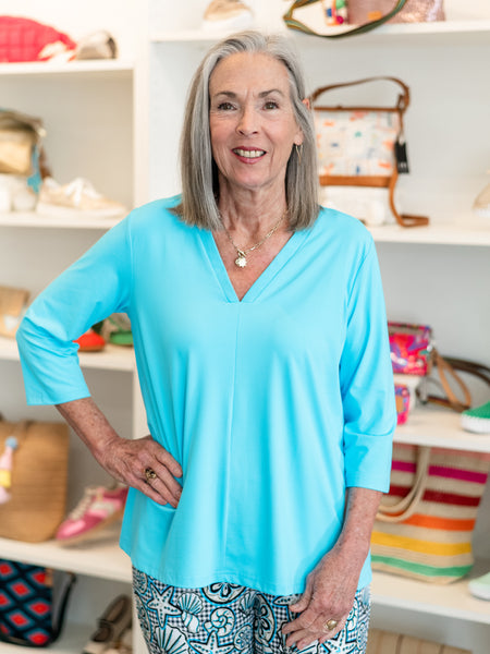 3/4 Sleeve V-Neck Top Clear Turquoise by Lulu B