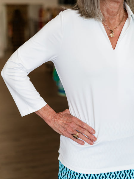 3/4 Sleeve Collared V-Neck Top by Lulu B
