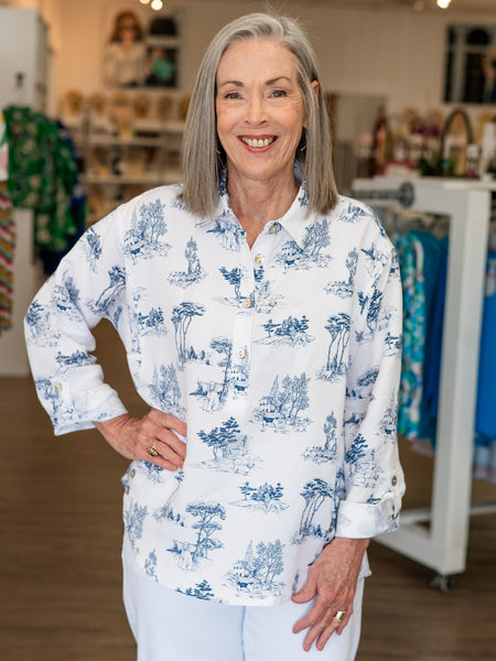 Scenic Print Button-Front Blouse by Mulitples