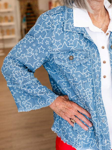 Fringe Hem Printed Denim Jacket by Multiples