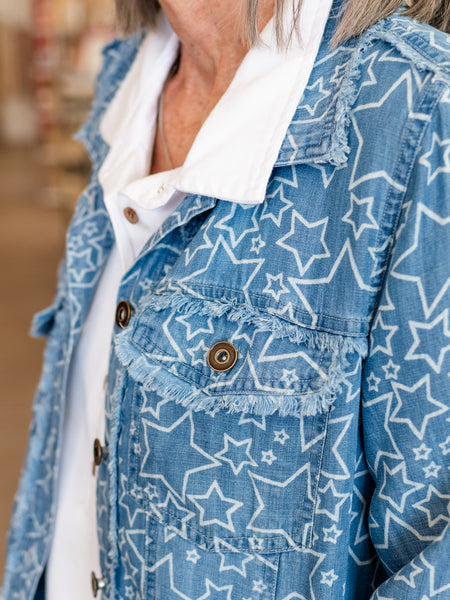 Fringe Hem Printed Denim Jacket by Multiples