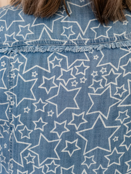 Fringe Hem Printed Denim Jacket by Multiples