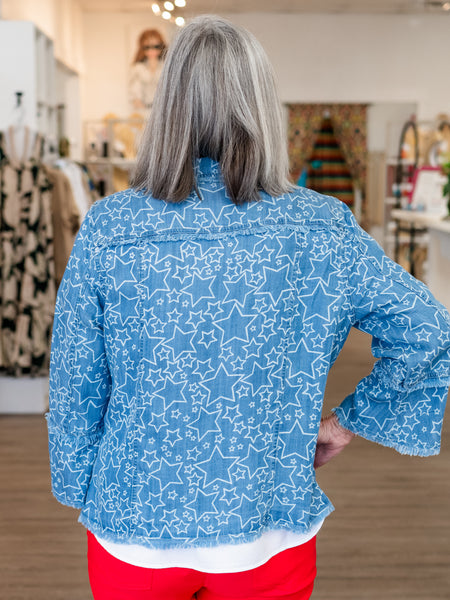 Fringe Hem Printed Denim Jacket by Multiples