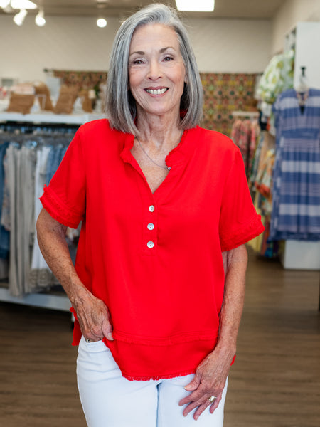 Fringe Hem Woven Popover Shirt Fiery Red by Multipes