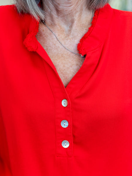 Fringe Hem Woven Popover Shirt Fiery Red by Multipes