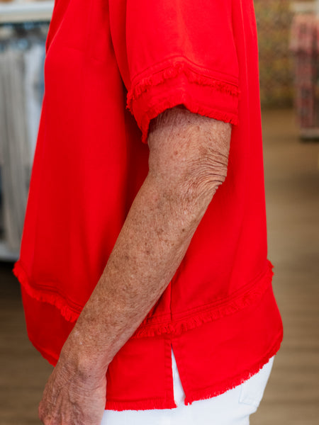 Fringe Hem Woven Popover Shirt Fiery Red by Multipes