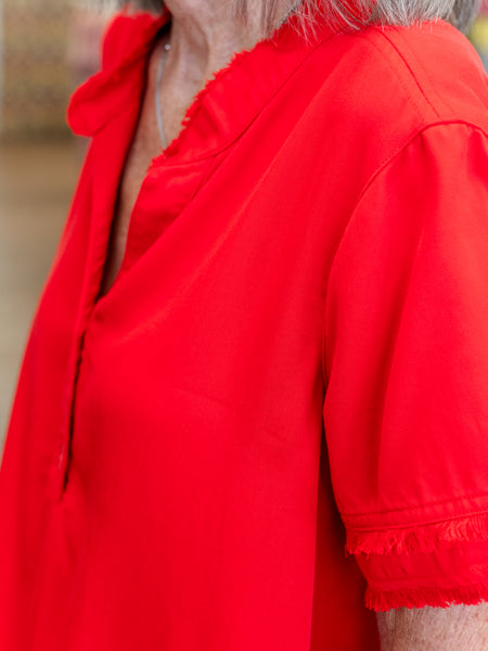 Fringe Hem Woven Popover Shirt Fiery Red by Multipes