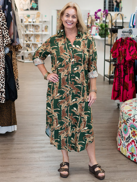 August Midi Dress Green Leopard by La Mer Luxe
