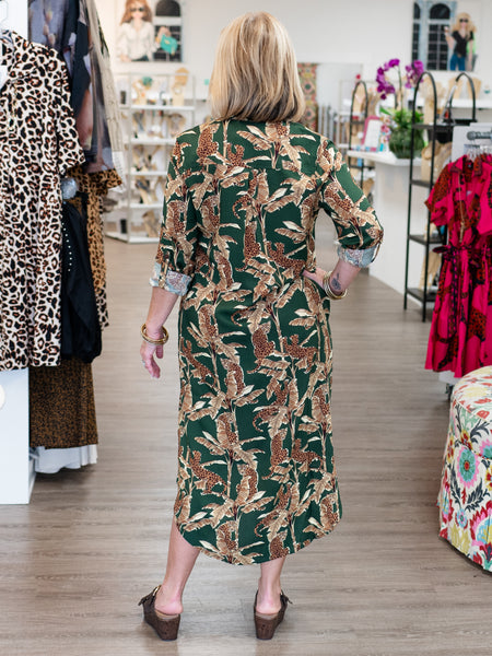 August Midi Dress Green Leopard by La Mer Luxe