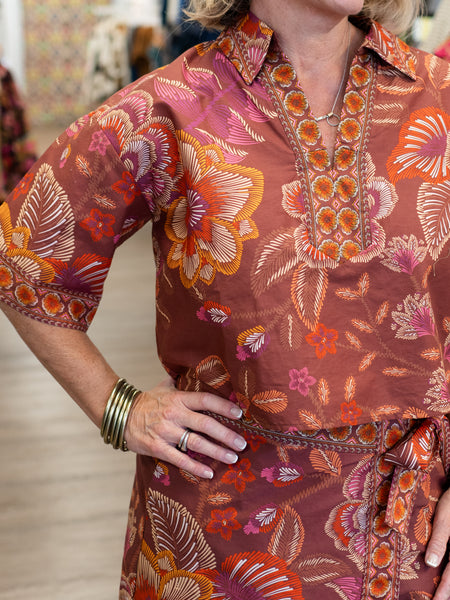 Botanical Print Split Neck Top Terra Cotta by Entro