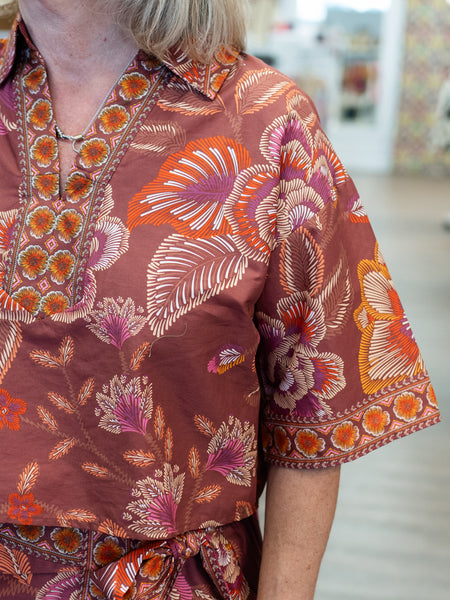 Botanical Print Split Neck Top Terra Cotta by Entro
