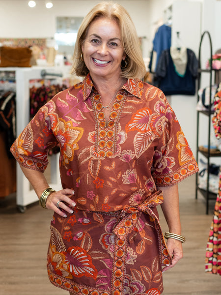 Botanical Print Split Neck Top Terra Cotta by Entro