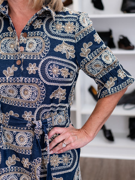 Embroidered Belted Shirt Dress Denim by Boho Chic