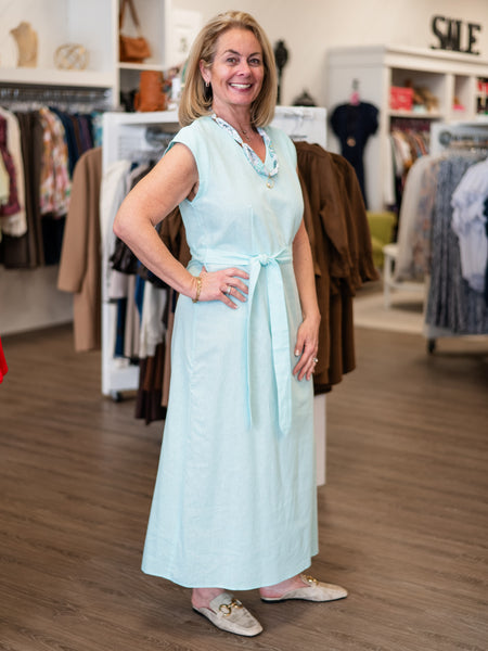 Linen Blend Midi Dress Aqua by Boho Chic