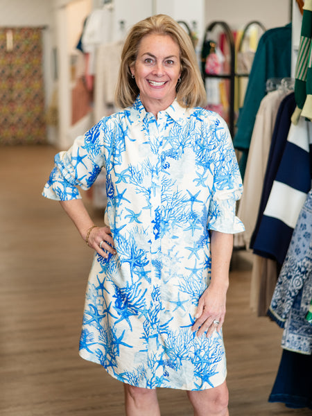 Coastal Coral Shirt Dress Blue by Boho Chic
