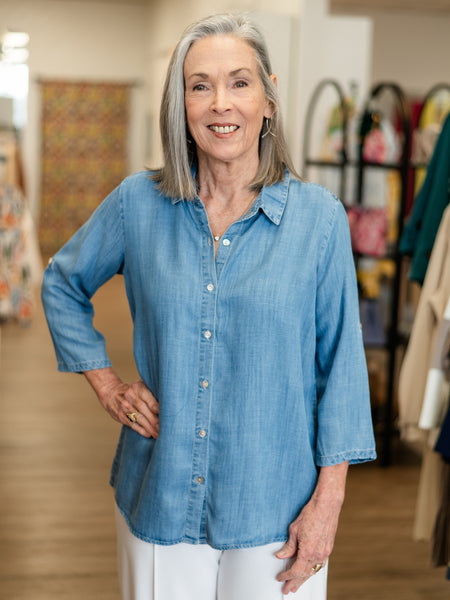 Chambray Button-Front Everyday Shirt Denim by Toofan