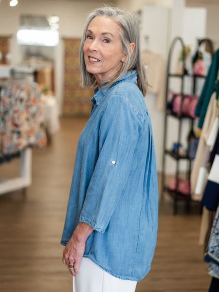 Chambray Button-Front Everyday Shirt Denim by Toofan