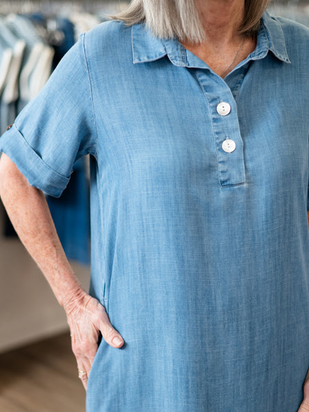 Chambray Popover Shift Dress Denim by Toofan