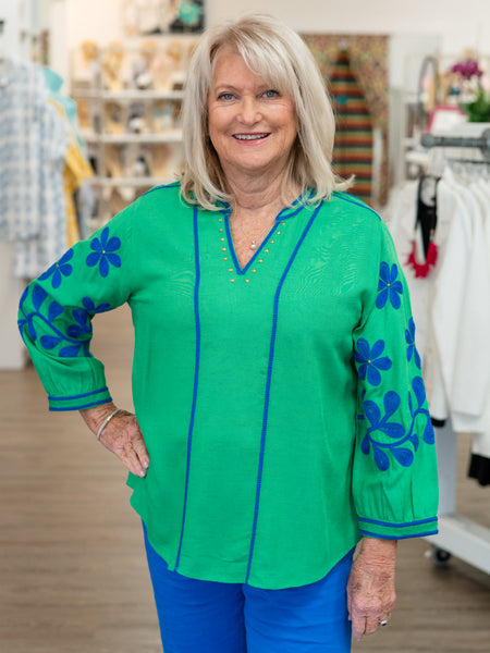 Embroidered Floral Split-Neck Blouse by Tru Luxe