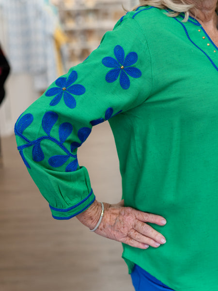 Embroidered Floral Split-Neck Blouse by Tru Luxe