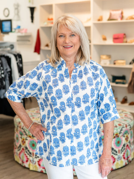 Blue Block Print Split-Neck Blouse by Boho Chic