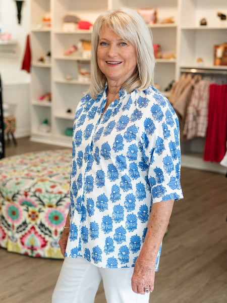Blue Block Print Split-Neck Blouse by Boho Chic