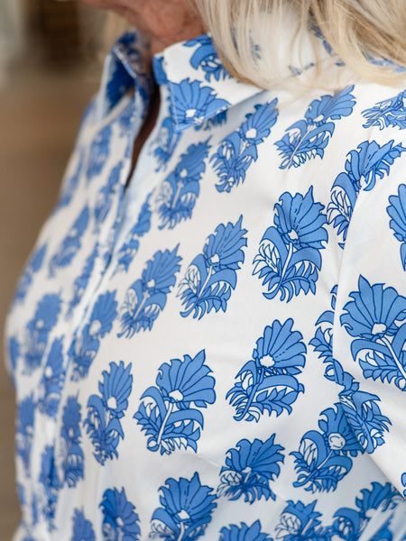 Blue Block Print Tie-Waist Shirt Dress by Boho Chic