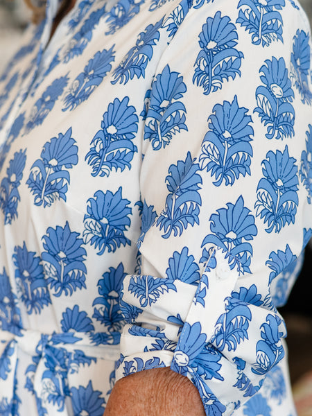 Blue Block Print Tie-Waist Shirt Dress by Boho Chic