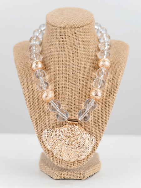Clear Beaded Statement Necklace with Gold Pendant by Two Forty Two
