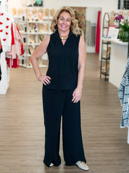 Black Sleeveless V-Neck Blouse by Renuar