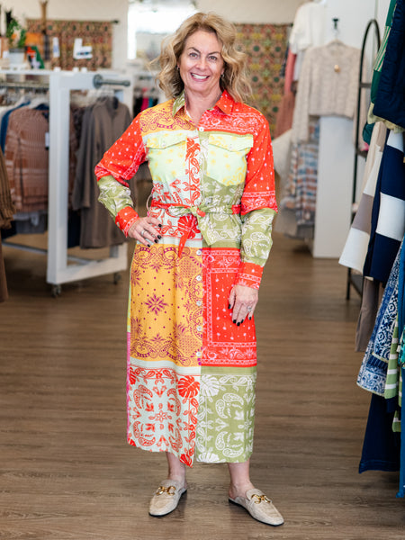Patchwork Print Shirt Dress Apple Green Multi by APNY
