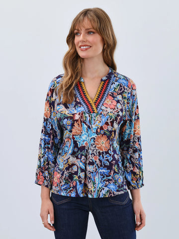 3/4 Sleeve Embellished Neck Top Watercolor by FDJ