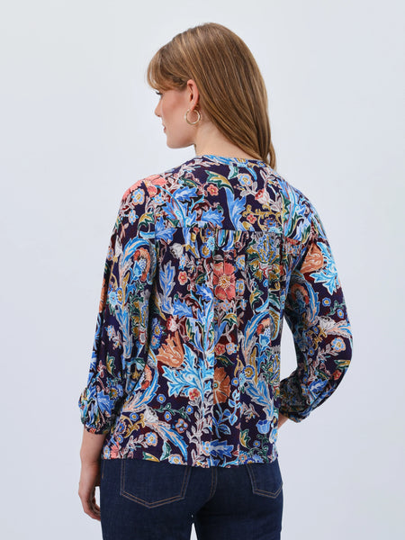3/4 Sleeve Embellished Neck Top Watercolor by FDJ