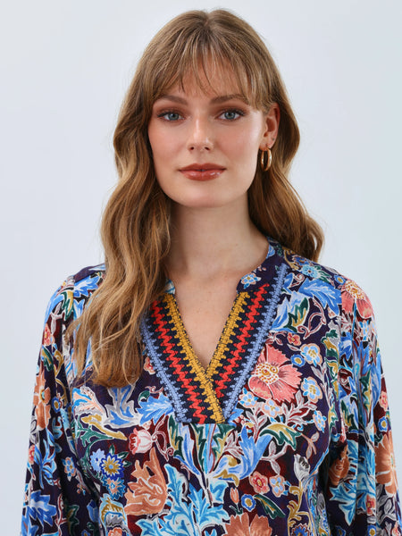 3/4 Sleeve Embellished Neck Top Watercolor by FDJ