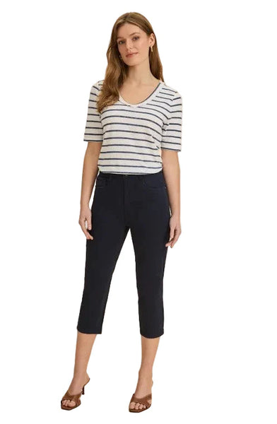 Elbow Sleeve Fringed Neck Top Navy by FDJ