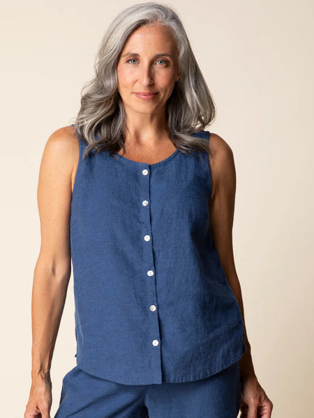 Linen Solid Pleat Back Button Tank Navy by Habitat
