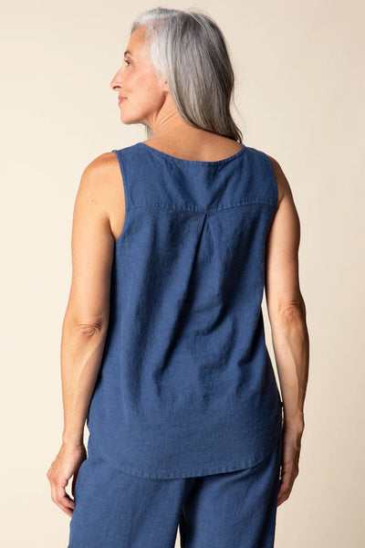 Linen Solid Pleat Back Button Tank Navy by Habitat