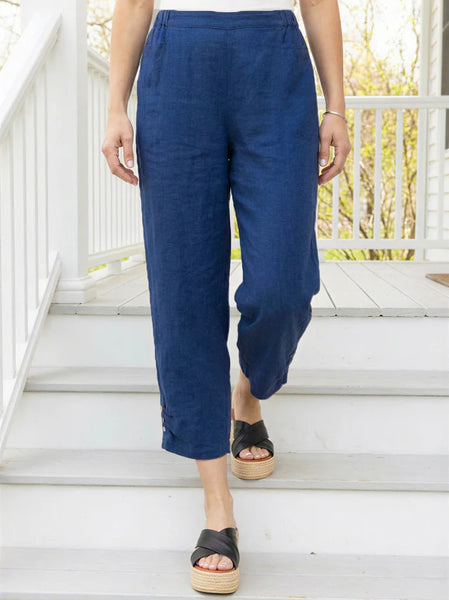 Linen Solid Pleat Button Capri Navy by Habitat