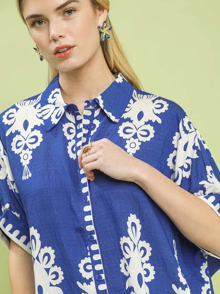 Cobalt Blue Button Front Blouse by Umgee