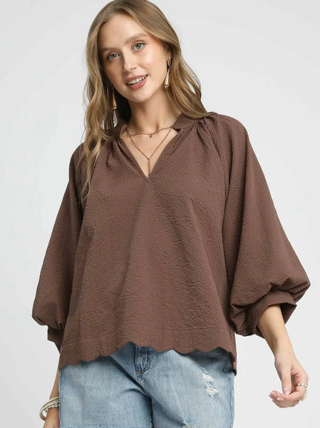 3/4 Balloon Sleeve Top Chocolate by Umgee