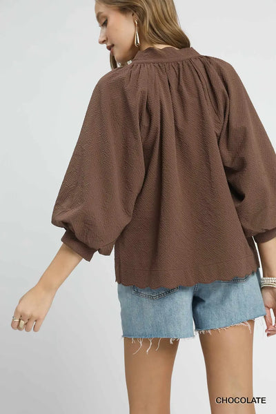 3/4 Balloon Sleeve Top Chocolate by Umgee