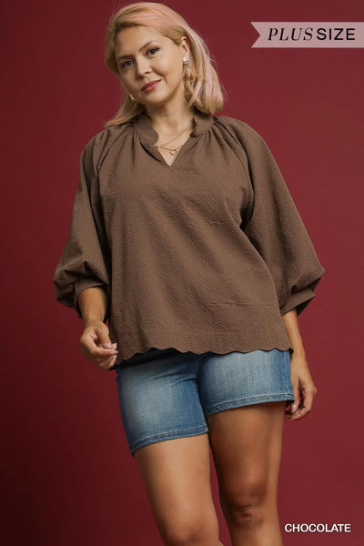 3/4 Balloon Sleeve Top Chocolate by Umgee