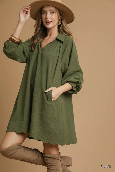 Scalloped Hem Dress Olive by Umgee
